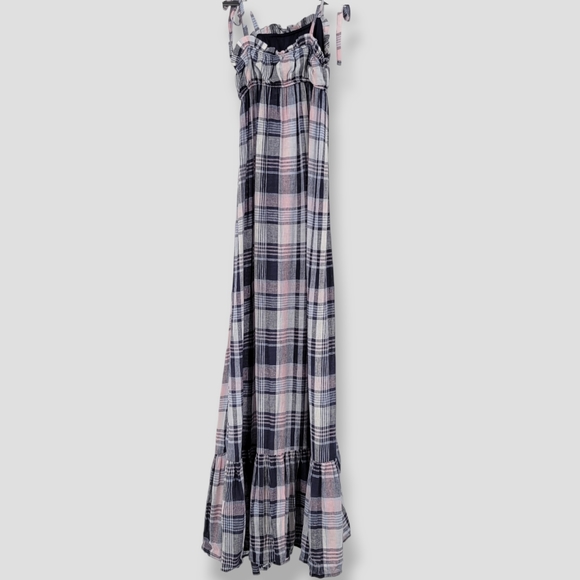 AQUA Linen Plaid Prairie Maxi Dress Navy - Picture 6 of 11